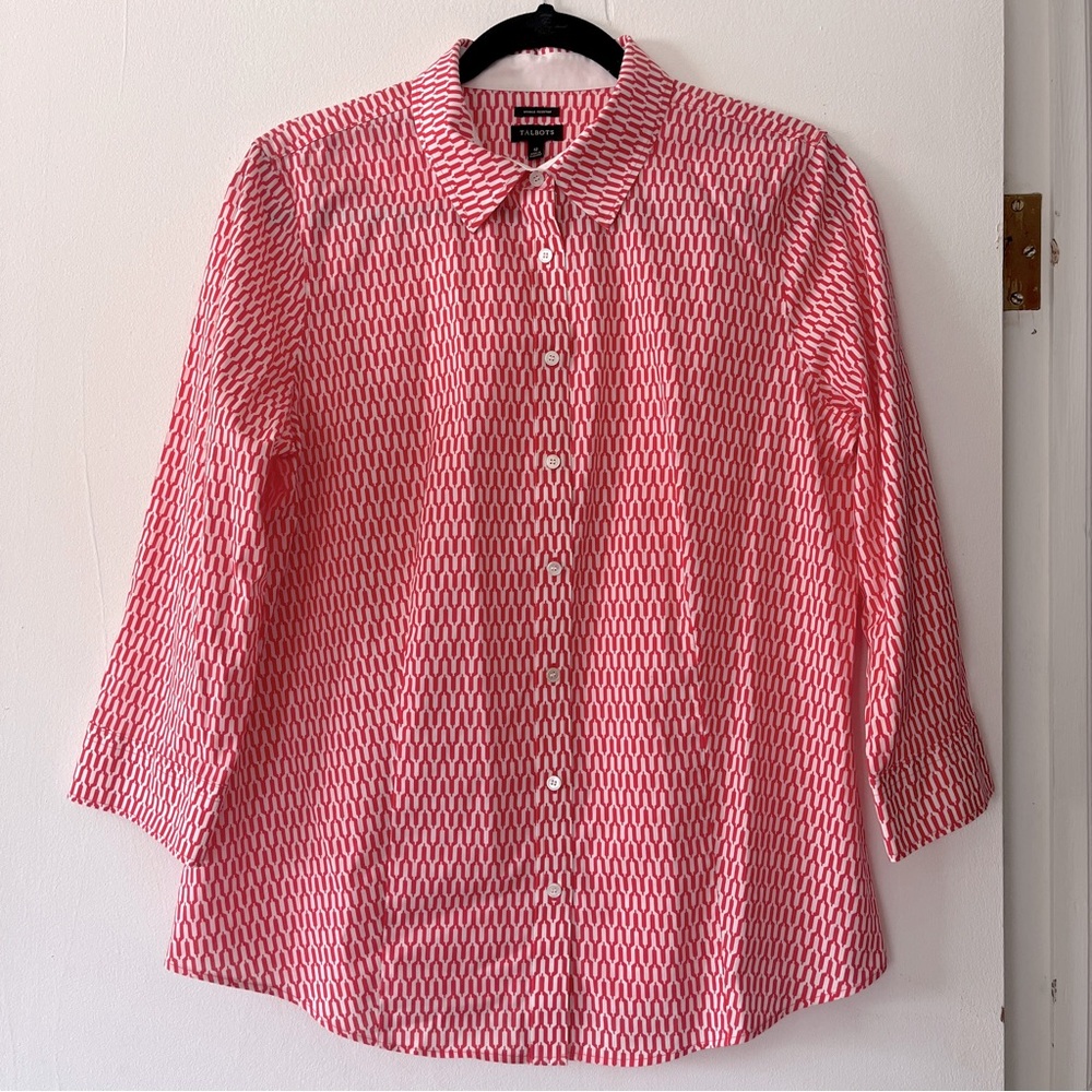 Talbots Shirt Women’s 12‎ Red White Button Down Cotton Blend Blouse Geometric